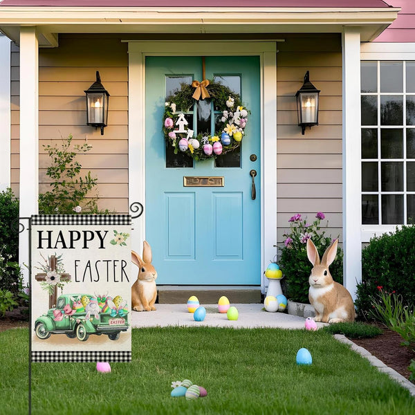 Happy Easter Garden Flag 12X18 Inch Double Sided Buffalo Plaid with Truck Cross