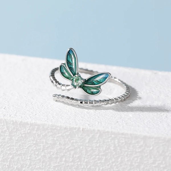 Sterling Silver Dragonfly Opening Ring Adjustable Ring Pave Setting CZ New