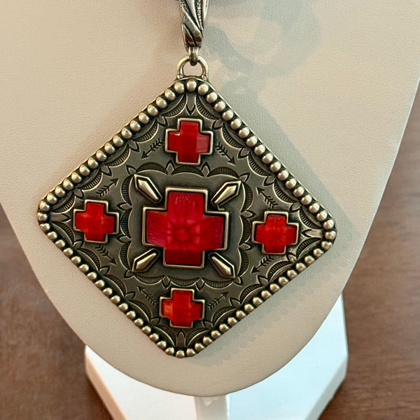 Vintage Southwestern Cross Enhancer Pendant Red & Silver Stone Beaded Necklace
