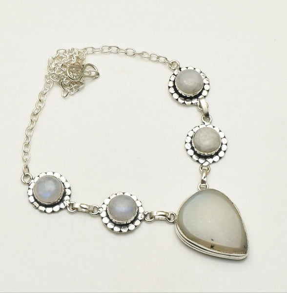 Stunning Silver Agate and Rainbow Moonstone Statement Necklace Boho Artisan