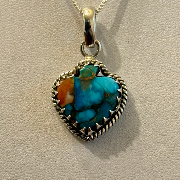 Southwestern Spiny Copper Oyster Spade Heart Pendant Necklace Sterling Silver