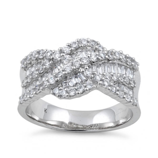 Sterling Silver Elegant Wave Pattern Clear CZ Ring New