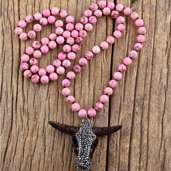 Brand New Womens Western Cow Skull Long Knotted Necklace