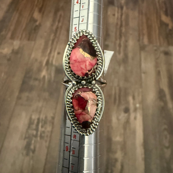 Southwestern Pink Rose Dahlia Turquoise Teardrop Statement Ring Sterling Silver