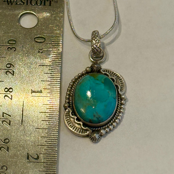Turquoise Pendant Necklace Southwest Artisan Made Oval Framed Sterling Silver