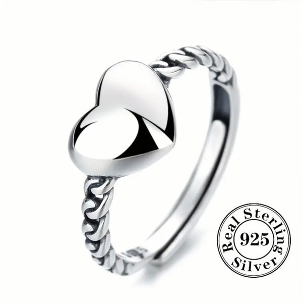 Sterling Silver Heart Ring Womens Cute Design Adjustable Swirl Band New