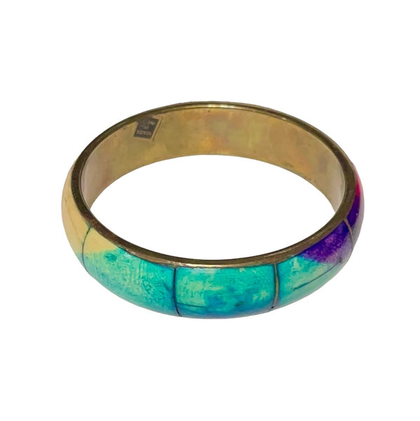 Vintage 70’s Style Vibe Chunky Brass Bangle Womens Casual Rainbow Boho Bracelet