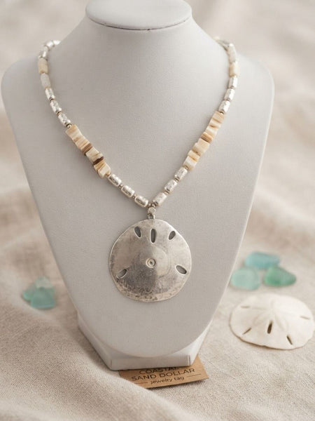 Coastal Sand Dollar Pendant Necklace 36 Long Boho Silver Beaded Beach Jewelry