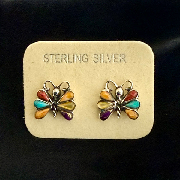 Southwestern Multi Gemstone Inlay Butterfly Dainty Stud Push Back Earrings New