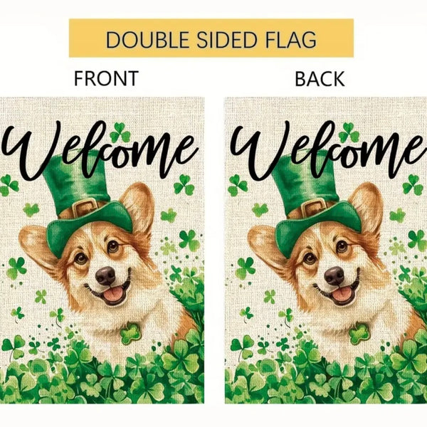 St Patricks Day Corgi Dog Garden Flag Shamrock Clover Welcome Yard Holiday Decor