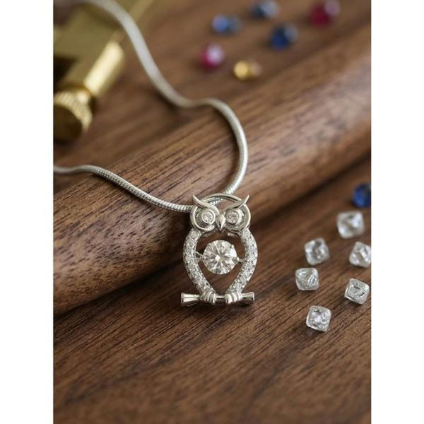 0.61 Ctw D Color VVS1 Moissanite Dancing Owl Pendant Necklace Artisan Crafted