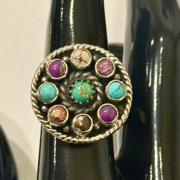 Southwestern Multi Turquoise Adjustable Round Sterling Silver Ring Artisan Made