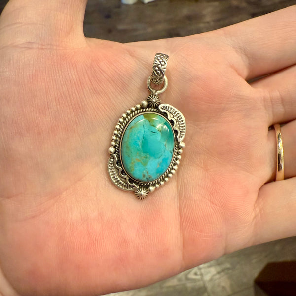 Turquoise Pendant Necklace Southwest Artisan Made Oval Framed Sterling Silver