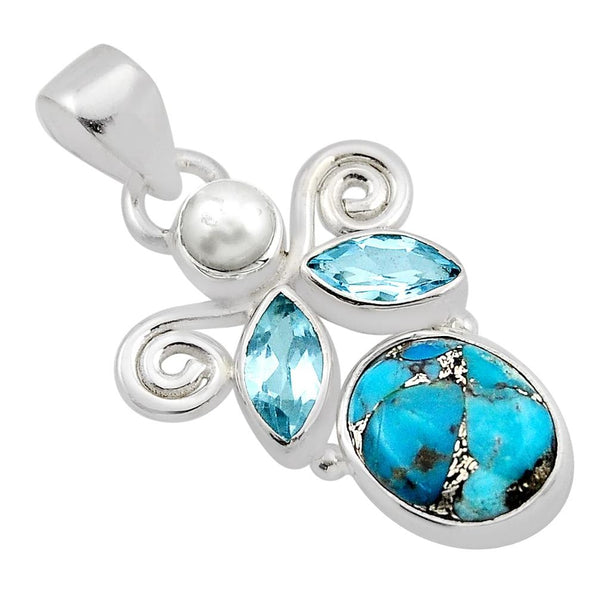Blue Copper Turquoise Topaz Pearl 925 Sterling Silver Angel Pendant Necklace