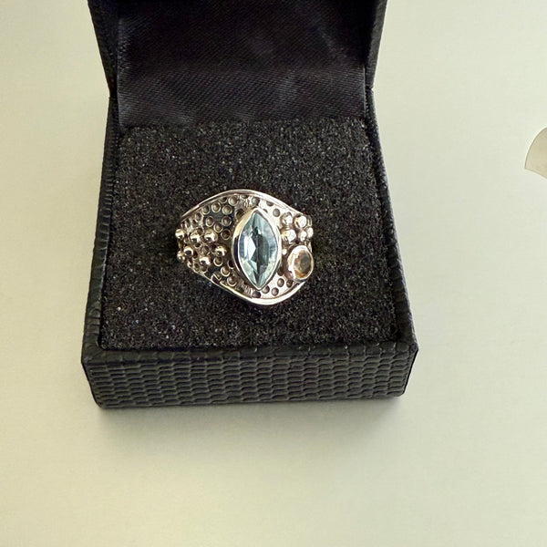 Natural Blue Topaz And Citrine Sterling Silver Ring Marquise Cut Bali Framed 7