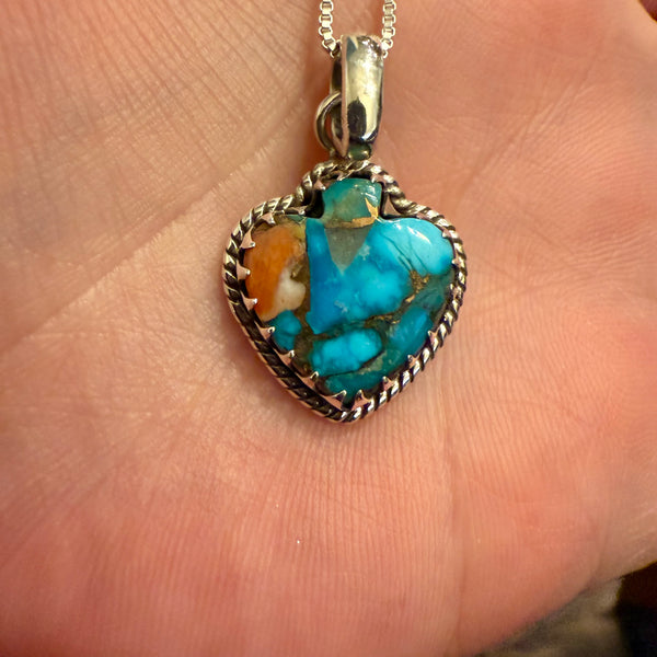 Southwestern Spiny Copper Oyster Spade Heart Pendant Necklace Sterling Silver