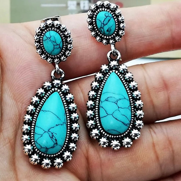 Western Boho Tibetan Natural Turquoise Dangle Teardrop Earrings Womens Casual