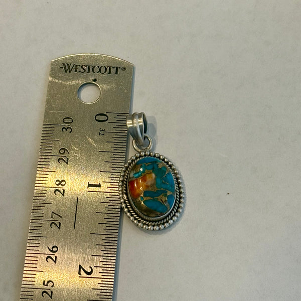 Spiny Oyster Turquoise Necklace Pendant Southwest Sterling Silver Beaded Framed