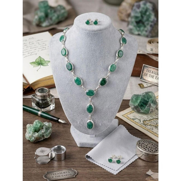 Stunning Faceted Emerald & Silver Adjustable Necklace Green Gemstone Jewelry New
