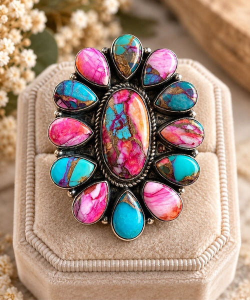 Southwestern Pink Dahlia Turquoise Statement Silver Ring Boho Artisan Design 7