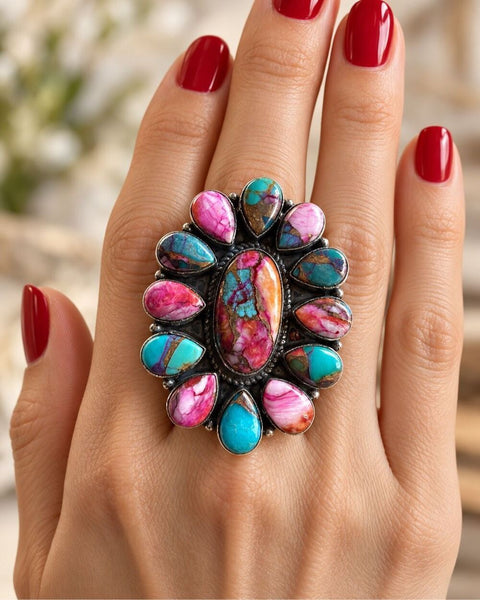 Southwestern Pink Dahlia Turquoise Statement Silver Ring Boho Artisan Design 7