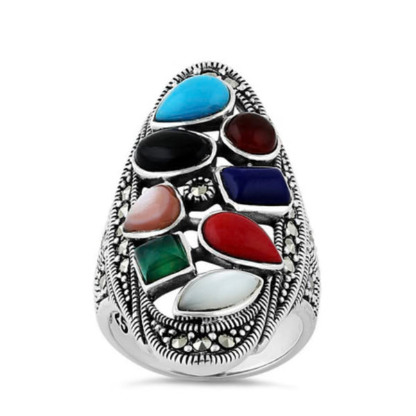 Rainbow Genuine Stone Oval Ring Womens Causal Sterling Silver Statement Jewelry