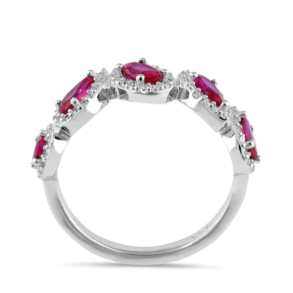 Sterling Silver Half Eternity Pear and Oval Halo Ruby and Clear CZ Ring New