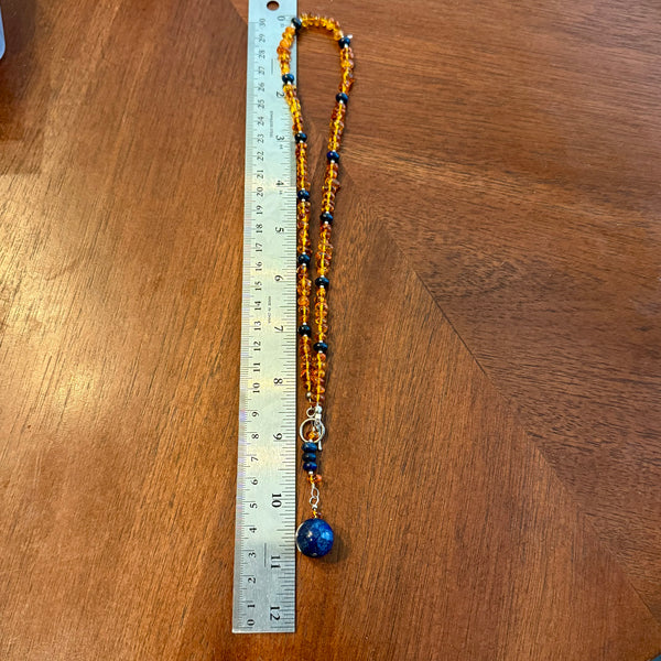 Baltic Amber And Lapiz Lazuli Beaded Lariat Necklace 925 Sterling Silver New