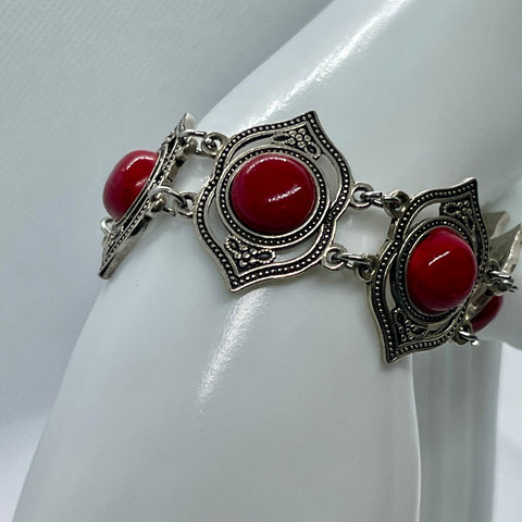 Vintage Red Coral Stone Floral Adjustable Silver Toned Bracelet Womens Casual
