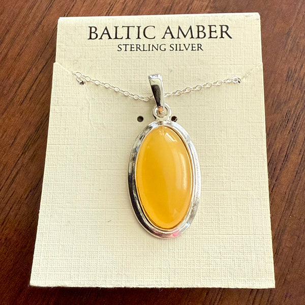 Natural Butterscotch Baltic Amber Oval Framed Pendant Necklace Sterling Silver