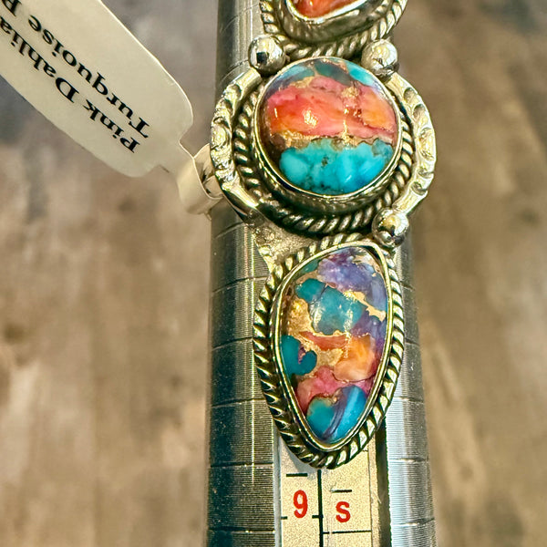 Southwestern Pink Dahlia Turquoise Statement Boho Ring 925 Sterling Silver 7 New