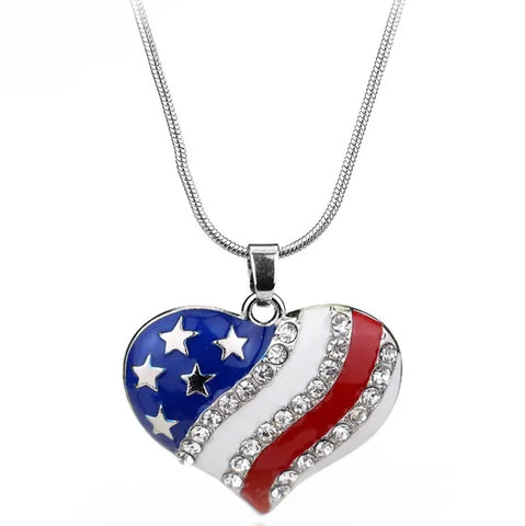 Heart Shaped American Flag Pendant Necklace Womens Casual Rhinestone Accent New