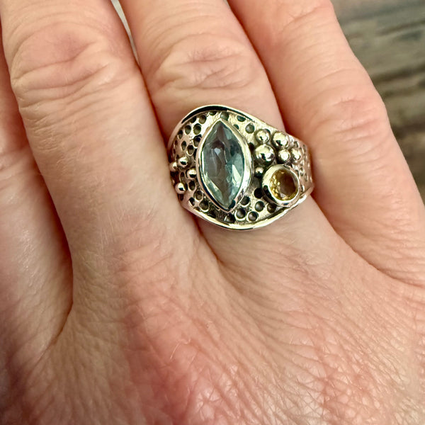 Natural Blue Topaz And Citrine Sterling Silver Ring Marquise Cut Bali Framed 7