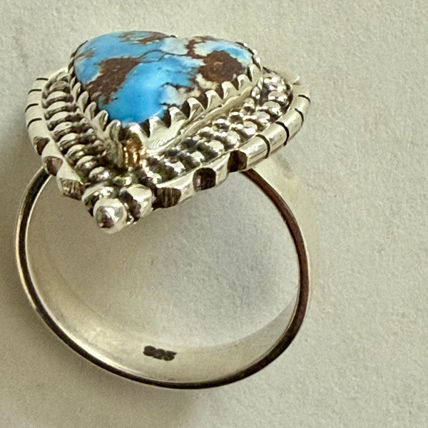 Southwestern Golden Hills Turquoise Sterling Silver Ring Heart Floral Framed