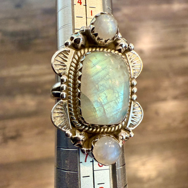 Unique 3 Round Rainbow Moonstone Ring Southwestern Sterling Silver Framed New