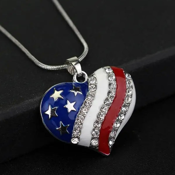 Heart Shaped American Flag Pendant Necklace Womens Casual Rhinestone Accent New