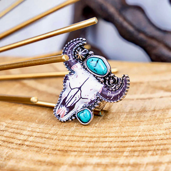 Western Turquoise Rodeo Ready Steer Skull Pendant  Adjustable Silver Ring New