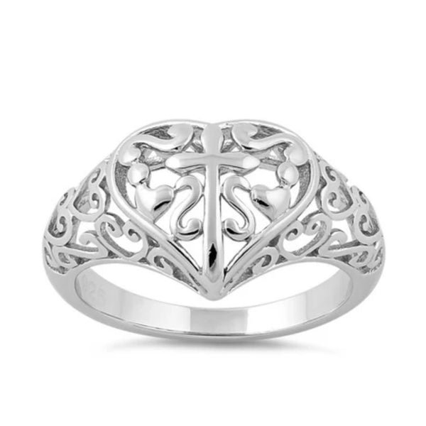 Sterling Silver Cross and Multiple Hearts Ring New