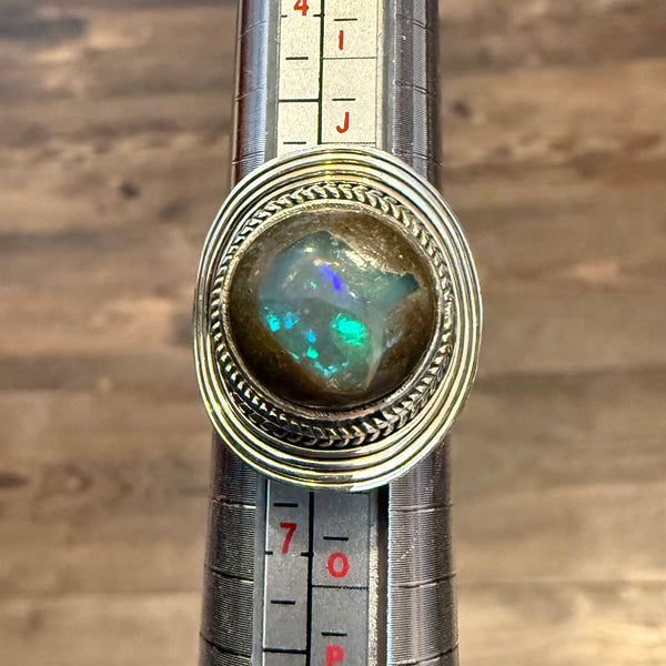 Stunning Boulder Opal Ring Southwestern Curved Circle Framed Sterling Silver