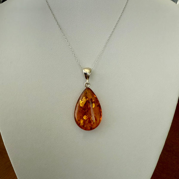 Natural Cognac Baltic Amber Teardrop Pendant Necklace Sterling Silver New