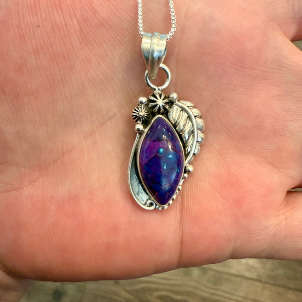Southwestern Mojave Purple Turquoise Marquise  Pendant Necklace Sterling Silver