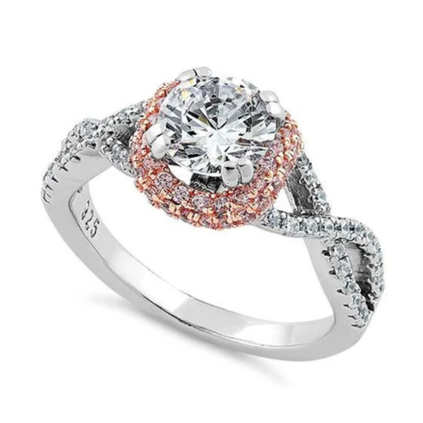 Sterling Silver Twisted Two Tone Rose Gold Vermeil Clear CZ Ring Size 6 New