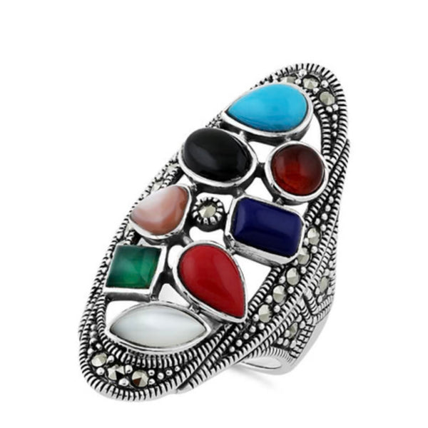 Rainbow Genuine Stone Oval Ring Womens Causal Sterling Silver Statement Jewelry