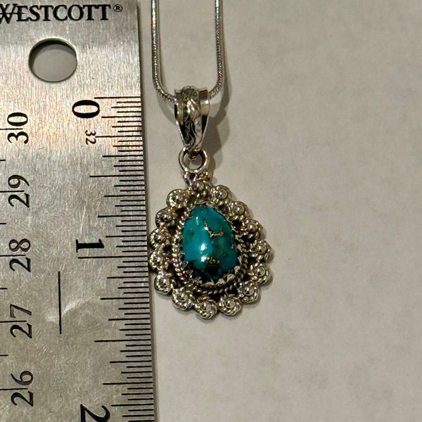 4.15cts Blue Copper Turquoise Pear Pendant Necklace Southwest Sterling Silver