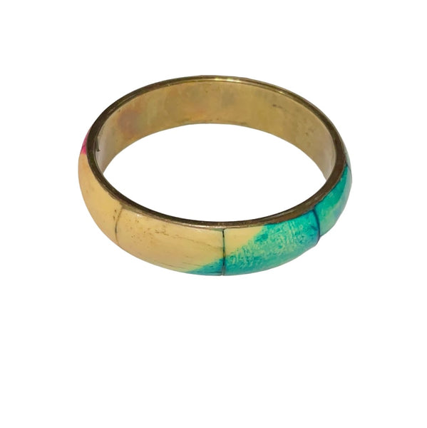 Vintage 70’s Style Vibe Chunky Brass Bangle Womens Casual Rainbow Boho Bracelet