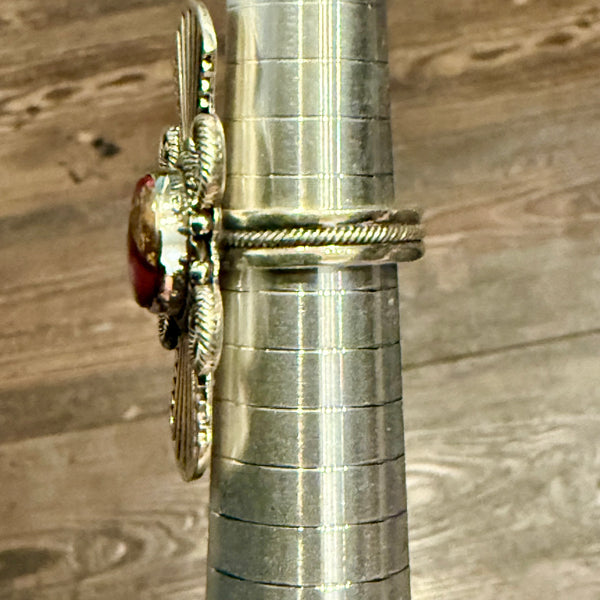 Unique Red Rose Dahlia Turquoise Ring Southwestern Fan Framed Sterling Silver 7