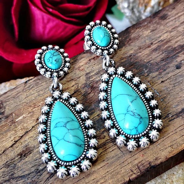 Western Boho Tibetan Natural Turquoise Dangle Teardrop Earrings Womens Casual