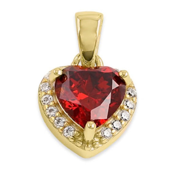 Sterling Silver Gold Plated Small Garnet + Clear CZ Heart Pendant