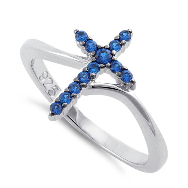 Sterling Silver Cross Sapphire Blue CZ Round Cut Christian Ring Boho Casual New