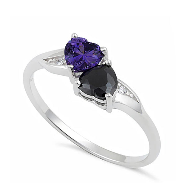 Sterling Silver Double Heart Violet & Black CZ Ring
